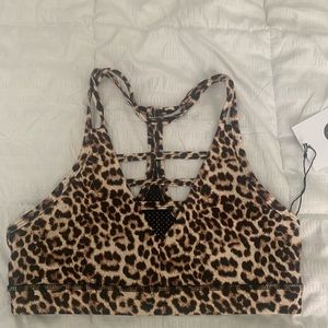 ZYIA Leopard Print Strappy Grid Sports Bra Small